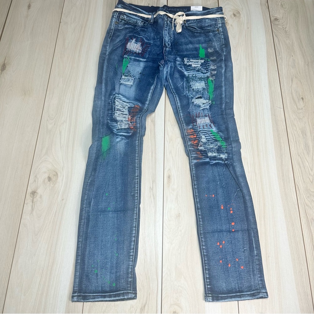 Rue21 Premium Supreme Flex Skinny Jeans 32X34 Distressed Paint Splatter New
